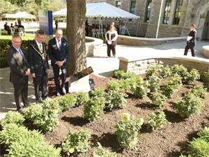 His Excellency Bruno van der Pluijm, Ambassador of the Kingdom of Belgium; His Worship Jim Watson, Mayor of the City of Ottawa and Mr. Jan Briers, Governor of the Province of East Flanders, Belgium at the dedication ceremony for Ottawa’s 1814 Treaty of Ghent Rose Garden   